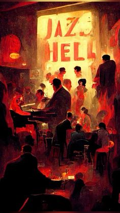 a painting of people sitting at tables in front of a jazz bar with red lights