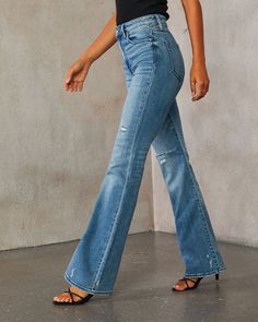 Introducing the Ayla High Rise Flare Jeans—the perfect blend of timeless style and modern edge. Crafted from stretch denim fabric, these jeans offer the ultimate comfort and a flattering fit that hugs your curves in all the right places. Featuring light whiskering and intentionally distressed areas, the Ayla jeans add a touch of vintage charm and laid-back cool to any outfit. Runs large, consider sizing down Stretch denim fabric Light whiskering and intentionally distressed areas 5-pocket styling Zip fly with button closure 93% Cotton 5% Polyester 2% Spandex High Rise Flare Jeans, Stretch Denim Fabric, Fabric Light, All The Right Places, Feature Light, Hug You, Denim Fabric, Medium Blue, Flare Jeans