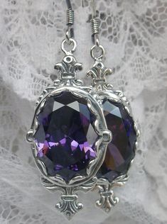 Purple Amethyst Cubic Zirconia (CZ) Earrings Sterling Silver Filigree, Edwardian Jewelry, Pin Design#E18 with traditional Ear Wire Closures Elegant Purple Pierced Earrings, Purple Sterling Silver Jewelry With Gemstone Accents, Sterling Silver Jewelry With Purple Gemstone Accents, Silver Amethyst Drop Crystal Earrings, Silver Amethyst Drop Earrings, Silver Crystal Earrings With Jewels As Gift, Silver Crystal Earrings With Jewels For Gift, Elegant Sterling Silver Earrings With Jewels, Ornate Purple Drop Earrings