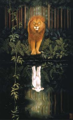 a lion standing on top of a lush green forest next to a body of water