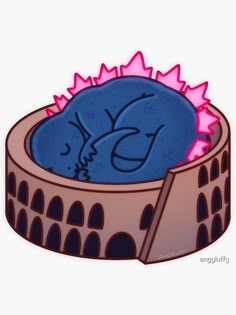 a cartoon cat sleeping in a bowl with pink and blue flames coming out of it