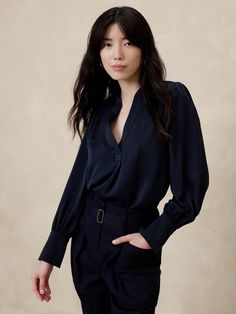 Crepe Volume-Sleeve Blouse | Banana Republic Factory Collared Blouse, Silk Camisole, Banana Republic Factory, Banana Republic Women, Band Collar, Tailored Shirts, Crepe Fabric, Black Top, Black Satin