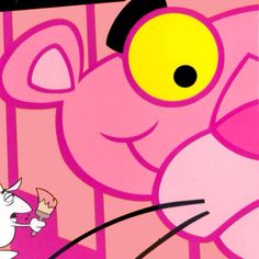 a pink cartoon cat with yellow eyes and black nose, standing next to a white mouse