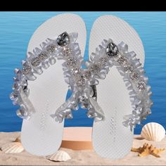 Experience The Artistry And Beauty Of Handcrafted Footwear. Order Your Pair Of These Exquisite Flip Flops Today And Let Your Wedding Day Be A Fairytale Filled With Love, Laughter, And Unforgettable Moments. Size 6 There Are Many Occasions Where You Can Use Luxury Gorgeous Flip Flops, Including: Beach Weddings: These Luxurious Flip Flops Are Perfect For A Beach Wedding, Providing A Comfortable And Stylish Option For The Bride Or Bridesmaids. Bridal Showers: A Great Option For A Bridal Shower, The Embellished Synthetic Sandals For Wedding, Bedazzled White Wedding Shoes For Party, White Bedazzled Wedding Shoes For Party, Glitter Flip Flops, Old Navy Flip Flops, Beach Bridesmaids, Printed Flip Flops, Rhinestone Sandals, Navy Shoes