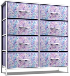 a white and purple dresser with drawers