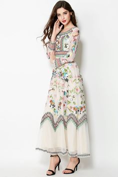 Embroidery Flowers Long Sleeve Ankle-length Dress Spring A-line Dress With Embroidered Hem, Spring Floral Embroidered A-line Maxi Dress, Elegant Spring Maxi Dress With Embroidered Hem, Spring Embroidered Fitted Midi Dress, Beige Embroidered Maxi Dress For Spring, Spring Beige Embroidered Maxi Dress, Embroidered A-line Midi Dress For Spring, Spring Long Sleeve Dress With Multicolor Embroidery, Spring Fitted Ankle-length Maxi Dress