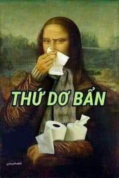 a man with long hair drinking out of a cup while sitting in front of a painting that says, thu'do ban