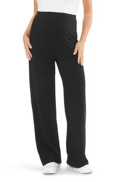 These ribbed pants cut in a straight-leg silhouette are so supersoft and stretchy that you'll want to wear them through your pregnancy and beyond. Pull-on style 78% polyester, 18% viscose, 4% elastane Machine wash, dry flat Imported Black Stretch Pants For Lounging, Sleek Loungewear Bottoms, Stretch Wide Leg Lounging Pants, Stretch Wide Leg Pants For Lounging, Stretch Wide Leg Pants With Ribbed Waistband, Black Lounging Pants Full Length, Black Wide Leg Pants For Lounging, Comfortable 4-way Stretch Pants, Maternity Wear Bottoms