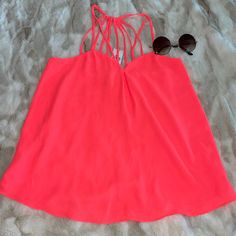 Nwt Express Bright Coral Racer Back Strappy Tanktop Size Xs Great For A Summer Day Slight Black Smudge Not Noticeable See Last Photo Pink Spaghetti Strap Top For Summer, Pink Camisole For Spring Brunch, Pink Camisole For Brunch In Spring, Pink Spaghetti Strap Summer Tops, Spring Pink Camisole With Straps, Pink Camisole With Straps For Spring, Spring Party Strappy Tank Top, Pink Sleeveless Halter Top For Beach Season, Pink Tank Top With Straps For Summer