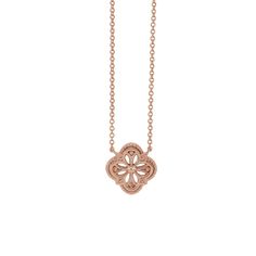 "Lasercut Clover Necklace Pendant Dimensions: 11.92mm x 11.92mm (0.47mm x 0.47mm) Available Lengths: 16\" or 18\" Available Metals: 14KY, 14KR, 14KW, Platinum Made to order, please allow up to 10 days for delivery. For rush order requests and in-stock availability, please contact shop directly." Classic Rose Gold Diamond Necklace, Engraved Rose Gold Necklace With Flower Pendant, Rose Gold Engraved Flower Pendant Necklace, Classic Rose Gold Pendant Necklace, Rose Gold Filigree Round Necklace, Formal Rose Gold Necklaces With Flower Pendant, Formal Rose Gold Necklace With Flower Pendant, 14k Gold Rose Gold Filigree Necklace, Rose Gold Filigree Necklace In 14k Gold