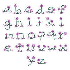 the letters and numbers are drawn with green ink on white paper, which is decorated with pink flowers