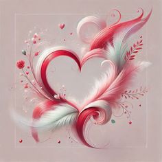 a heart shaped painting with feathers and flowers in the center on a light pink background