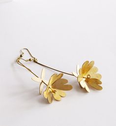 Golden Flowers and leafs Hand Craft Earrings by SeptemberRoom Gold Flower Earrings With Birth Flower Detail, Gold Botanical Flower Earrings, Botanical Gold Flower Earrings, Nature-inspired Gold Flower Earrings, Gold Flower Earrings, Nature-inspired, Yellow Gold Leaf-shaped Brass Earrings, Delicate Gold Petal Flower Earrings, Gold Birth Flower Shaped Earrings, Nature-inspired Gold Flower Earrings With Charm