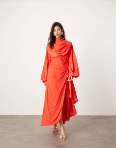 Dress by ASOS EDITION Master the dress code Draped design High neck Volume sleeves Button-keyhole back Thigh-high split Regular fit Volume Sleeves, Eid Outfits, Blouson Sleeve, Spring Floral Dress, Blouson Dress, Satin Midi Dress, Long Black Dress, Satin Slip Dress, Midi Dress With Sleeves