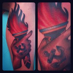 two pictures of different tattoos on one arm and the other hand holding an object with fire coming out of it