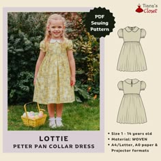 Exclusive patterns from the author of Tiana's Closet Sewing Patterns. Visit my blog for more ideas, sewing tips and free patterns: https://tianascloset.com/ The Lottie dress with Peter Pan collar and short puffed sleeves is a great design for occasions! Make it in beautiful print and your little girl is ready to be the center of the party! Main features of the Lottie dress: - Below the knee length - Relaxed fit with button closure at back (no zipper involved!) - Peter Pan collar - Short puffed s Sewing Princess Dress, Baby Dress Design Sewing Patterns, Free Dress Patterns For Kids, Free Toddler Dress Pattern, Children's Dress Patterns, Girl Dress Sewing Pattern, Puff Sleeve Dress Pattern, Princess Dress Pattern, Toddler Dress Pattern