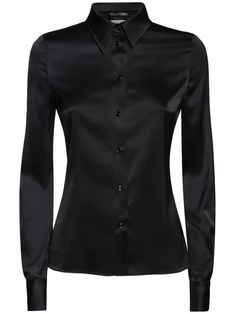 Tom Ford - Fitted stretch silk satin shirt - Black | Luisaviaroma Black Satin Shirt, Satin Shirts, Satin Shirt, Mother Of Pearl Buttons, Pearl Buttons, Shearling Jacket, Silk Shirt, Swimwear Tops, Black Blouse