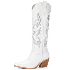 PRICES MAY VARY. Unique Design Elegance: Platikly white cowboy boots for women elevate your style game. Our innovative take on the knee-high cowboy boot features a mesmerizing combination of sparkly diamonds and a bold silhouette, radiating confidence and allure that's perfect for ladies seeking a unique fashion statement. Rhinestone Studded Glam: These white cowgirl boots replace traditional embroidery. The glittery details and bling crystal accents add a glamorous touch to the classic western Rhinestone Cowgirl Boots, Knee High Western Boots, Knee High Cowboy Boots, White Cowgirl Boots, Cowboy Boots For Women, Rhinestone Cowgirl, Classic Embroidery, White Cowboy Boots, Bota Country