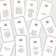 six cards with different types of vehicles and words on them, all lined up next to each other