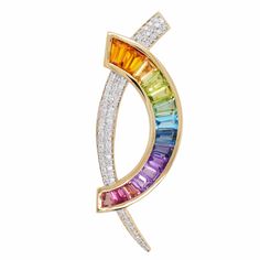 Art, color and culture all come together to inspire this original designed 18 karat gold calibre cut taper baguette multicolor diamond contemporary brooch pendant by Vaibhav Dhadda, where hues of these multicolored gemstones exude royalty and luxury while dictating the movement of eye. Contemporary Brooch, Gemstones Pendant, Rainbow Gemstones, Art Color, The Movement, Channel Set, Gemstone Pendant, Original Designs, 18k Gold