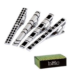 BMC 4pc Set Mens Metal Alloy Silver and Black Mix Design 2.2 Inch Tie Bar Clips Bar Styling, Tie Pin, Well Dressed Men, Favorite Pins