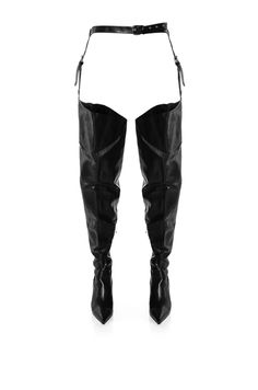 The AZALEA WANG Lewanna Thigh High Belted Chap Boot in Black is an ultra-sexy chap-style boot featuring a curved, bucket-style thigh high shaft, an adjustable belted wait, adjustable garter straps, a front buckle detailing, and tonal inner ankle zipper closures. This sultry pair is finished off with a pointy toe design and a slim stiletto heel. Style atop a shirt dress for a chic, complete look. (all measurements approximate from size 7.5): - Faux Leather Upper - Pointed Toe - Stiletto Heel - 30” Shaft Height - 3.5” Heel Height - 51” Belt Length, 10” Garter Length - 30” Shaft Opening Circumference - 14” Calf Circumference - Imported Product ID: 363882 Stiletto Heel Boots, Black Thigh High Boots, Leather Belt Buckle, Black Thigh High, Azalea Wang, Belt Length, Buckle Boots, Fashion Black, Boots Women