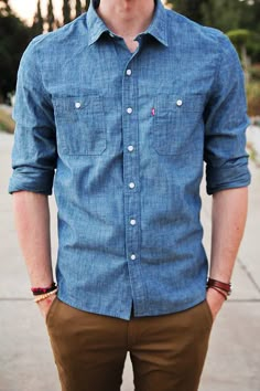 Shop this look for $61:  http://lookastic.com/men/looks/blue-denim-shirt-and-tobacco-chinos/372  — Blue Denim Shirt  — Tobacco Chinos Kemeja Denim, Blue Denim Shirt, Outfit Trends, Brown Pants, Denim Shirt, Vintage Denim