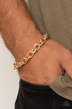 Featuring faceted edges, oversized gold oval links connect around the wrist for a bold chain look. Features an adjustable clasp closure. Sold as one individual bracelet. Get The Complete Look! Necklace: "Steel Trap - Gold" (Sold Separately) Luxury Everyday Men's Gold Bracelet, Men Link Gold Bracelet, Luxury Men's Polished Gold Bracelet, Luxury Tarnish Resistant Men's Chain Bracelet, Luxury Gold-tone Men's Jewelry, Braclets Gold, Black Silver Bracelet, Stainless Steel Bracelet Men, Stainless Bracelet