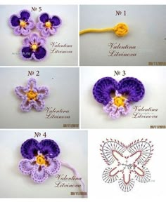 crocheted flowers are shown in four different pictures