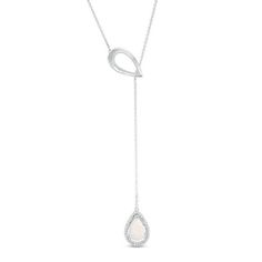 She’ll admire the fashion-forward look of this exquisite lariat necklace. Crafted in sterling silver, this unique design features a 9.0 x 6.0mm pear-shaped lab-created iridescent opal cabochon wrapped in a frame of sparkling petite diamonds and suspended from a length of chain. Above, a sculpted teardrop outline glistens with a polished finish and a coin-edged texture along the inside. Captivating with 1/10 ct. t.w. of diamonds and a brilliant buffed luster, this 20.0-inch necklace secures with Elegant White Gold Drop Lariat Necklace, Elegant Sterling Silver Drop Necklace In White Gold, Elegant White Gold Sterling Silver Drop Necklace, Elegant White Long Drop Necklace, Elegant Adjustable Teardrop Drop Necklace, Elegant White Dangle Lariat Necklace, Formal White Gold Drop Lariat Necklace, White Lariat Necklace With Adjustable Chain For Formal Events, White Lariat Necklace With Adjustable Chain For Formal Occasions