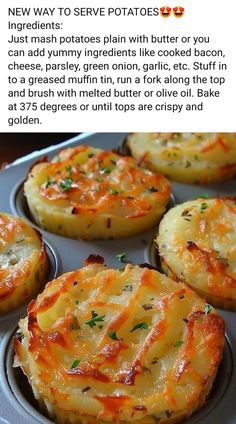 some food in a muffin pan with cheese on top and other items to eat