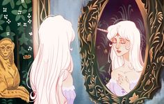 a woman with long white hair looking at her reflection in a mirror next to a monkey