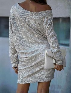 Women Dress Long Sleeve Slim Pencil Dress Evening Gowns Party Dress Solid Color Piercings Silver, Leisure Dress, Maxi Design, Pajama Outfit, Graduation Outfits, Off Shoulder Fashion, Long Sleeve Sequin, Summer Concert, Long Sleeve Short Dress