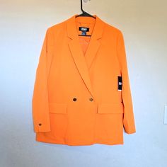 Dkny Orange Double-Breasted Blazer With Silver Buttons, Measurements From Armpit To Armpit 20 Inches, Shoulder To Hemline 29 Inches, Cheap Yellow Office Blazer, Silver Buttons, Breasted Blazer, Double Breasted Blazer, Colored Blazer, Color Orange, Blazer Suit, Double Breasted, Suit Jacket