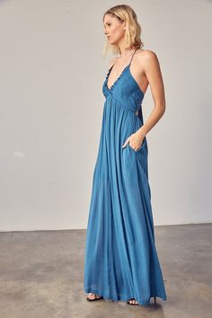 WOOVEN JUMPSUIT Size + Fit - Model is wearing size S - Measurements taken from size S - 5'9" / 175CM - 32-24-34 Flowy V-neck Halter Dress With Tie Back, Summer Denim Blue V-neck Jumpsuit, Casual Light Blue V-neck Jumpsuit, Blue V-neck Jumpsuit For Beachwear, Beach-ready Relaxed Fit V-neck Jumpsuit, Halter Neck Jumpsuit, Comfy Jumpsuits, Halter Jumpsuit, Blue Jumpsuits