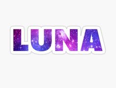 the word luna written in purple and blue space with stars on it sticker is shown