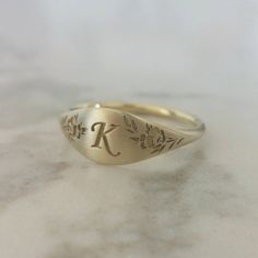 Monogram ring Flower signet ring gold engraved Signet Ring K Letter, Gold Initial Ring, Unique Monogram, Mens Diamond Wedding Bands, Handmade Jewelry Ring, Ring Flower, Letter Ring, Monogram Ring, Gold Signet Ring