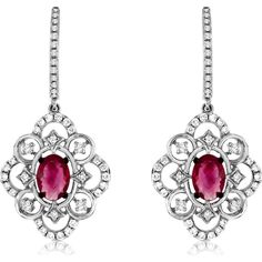 Royal 14K White Gold Ruby & Diamond Earrings - 1.25 Carat Ruby, 0.45 Carat Diamond Total Exquisite Diamond Earrings For Formal Occasions, Elegant Oval Diamond Earrings With Gemstones, Elegant Oval Diamond Earrings For Formal Occasions, Oval Diamond Earrings With Elegant Design For Formal Occasions, Elegant Oval Bridal Earrings For Formal Occasions, Elegant Bridal Earrings With Brilliant Cut In Oval Shape, Elegant Oval Brilliant Cut Bridal Earrings, Elegant Oval Bridal Earrings With Brilliant Cut, Exquisite Pierced Diamond Earrings For Formal Occasions