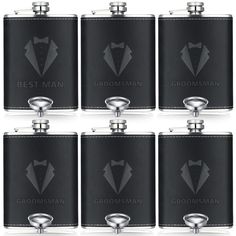 six groomsmen flasks in black leather