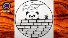 a drawing of a panda bear peeking over a brick wall