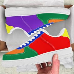 Our classic sneakers with a mix of the Pride rainbow across both shoes and are totally unique. Inspired by vans but with a twist of Styles Vista added. A great gift for him or her. Each sneaker has all the colours of the pride rainbow and is made from vegan friendly material. * Wear-resistant rubber soles for white low top unisex shoes * PU upper material with EVA padded insoles * Completed with eyelets and lace up closure for a classic look * Perfect for every season, suitable for both men and Multicolor Vulcanized Sneakers For Streetwear, Multicolor Vulcanized Sole Sneakers For Streetwear, Multicolor Skate Shoes With Rubber Sole For Streetwear, Multicolor Sporty Skate Shoes, Multicolor Rubber-sole Skate Shoes For Streetwear, Multicolor Sporty Skate Shoes For Skateboarding, Multicolor Gum Sole Skate Shoes For Streetwear, Multicolor Sneakers With Rubber Sole For Skateboarding, Multicolor Sneakers For Skateboarding