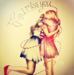 two girls hugging each other with the words miss you