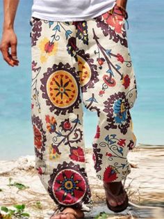 Summer Men Baggy Pants Casual Printed Design Wide Leg Trousers Retro Vintage Beach Hawaiian Plus Size Loose Pants Man Streetwear Man Streetwear, Moda Hippie, Casual Pants Style, Pants Baggy, Blue Pictures, Mens Linen, Beach Pants, Summer Pants, Baggy Pants