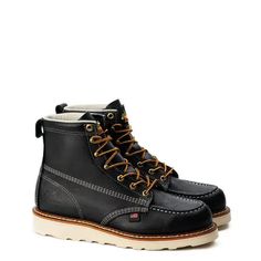 Style: 814-6201 **Please allow 2 weeks or longer for shipment.** Thorogood® American Heritage 6″ black moc toe work boots always put substance over style – but the black full-grain leather looks great too. Strong and durable, just like the person who wears them, these boots are up to the task and built to last. The six-inch shaft and fiberglass shank give you the support and flexibility you need when you’re on your feet all day, and the MAXWear Wedge™ slip-resistant outsole will help you stay on Black Waterproof Moc Toe Boots With Steel Toe, Black Moc Toe Boots With Textured Sole, Black Steel Toe Moc Toe Work Boots, Black Moc Toe Safety Boots, Steel Toe Moc Toe Oiled Leather Boots, American Heritage, Work Boots, American Made, Quality Clothing