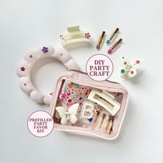 an assortment of items are displayed on a white background with the words diy party craft