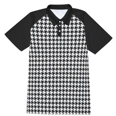 Polo Shirt, Houndstooth Shirt,Black Polo Shirt, Men's shirt, Men's vintage shirt, Vintage style shirt men, Men's knit shirt, Black Shirt men, plus size men, men's plus size shirt Made to order, Designed in California, Manufactured overseas I wanted to create this black houndstooth polo shirt for men since I seldom see this style on a polo shirt. Great with jeans or dress pants. Dress it up or down, anything goes. Super fun classic style. I hope you enjoy my  design.  Custom made to order.  ● Fabric: 100% polyester, knit texture.  ● Regular fit ● Short sleeve, raglan sleeve, stand-up collar, button closure ● Fabric weight: 200g/m ● Care Instruction: machine wash cold with similar colors, do not bleach, tumble dry low, do not iron, do not dry clean.. Casual Houndstooth Collared Top, Casual Collared Houndstooth Top, Casual Collared Top With Houndstooth Pattern, Retro Black Collared Shirt, Cotton Collared Top With Houndstooth Pattern, Casual Black Houndstooth Top, Retro Black Tops For Work, Retro Black Workwear Shirt, Retro Black Shirt For Work