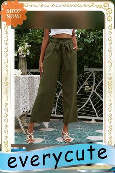 Army Green High Waist Cropped Pants with Tie Casual Belted Wide-leg Pants, Casual Wide Leg Belted Pants, Casual Belted Wide Leg Pants For Fall, Casual Wide-leg Belted Pants, Belted Summer Pants, Casual Summer Wide Leg Belted Pants, Casual Summer Belted Wide Leg Pants, Casual Belted Wide Leg Pants For Summer, Casual Khaki Dress Pants For Summer