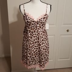 Cute Sleep Or Lounge Dress! Brown/Tan/Beige Animal Print With Pink Lace Trim At The Hem And Dcolletage. Adjustable Straps. 100% Cotton Comment With Questions Pink Summer Chemise For Sleepovers, Spring Sleeveless Nightgown For Overnight, Pink Chemise For Summer Pajama Party, Spring Overnight Dresses With Lace Trim, Pink Summer Sleepwear For Overnight, Pink Chemise For Summer Loungewear, Pink Lace Trim Chemise For Sleepover, Summer Sleeveless Nightgown, Pink Summer Chemise For Loungewear