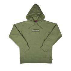 Find SUPREME Box Logo Hooded Sweatshirt 'sage on Editorialist. Supreme's signature box logo appears on the chest of this sweatshirt from the FW16 season. Crafted from cotton, the hoodie is designed in a muted shade of green and features a single pouch pocket. Supreme Sweatshirt, Supreme Box Logo, Green Sweatshirt, Green Hoodie, Hoodies Mens, Box Logo, Mens Activewear, White Sweatshirt, Shades Of Green