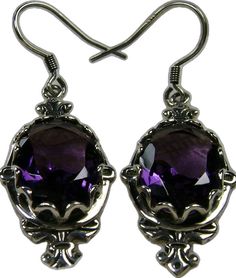 Purple Amethyst Earrings, Edwardian Jewelry, Pin Design#E18 with traditional Ear Wire Closures Formal Faceted Amethyst Jewelry, Formal Amethyst Drop Earrings, Formal Amethyst Gemstone Earrings, Amethyst Gemstone Earrings For Formal Occasions, Elegant Oval Amethyst Earrings, Pierced Amethyst Crystal Earrings, Elegant Purple Pierced Jewelry, Elegant Purple Crystal Pierced Earrings, Gothic Sterling Silver Oval Jewelry